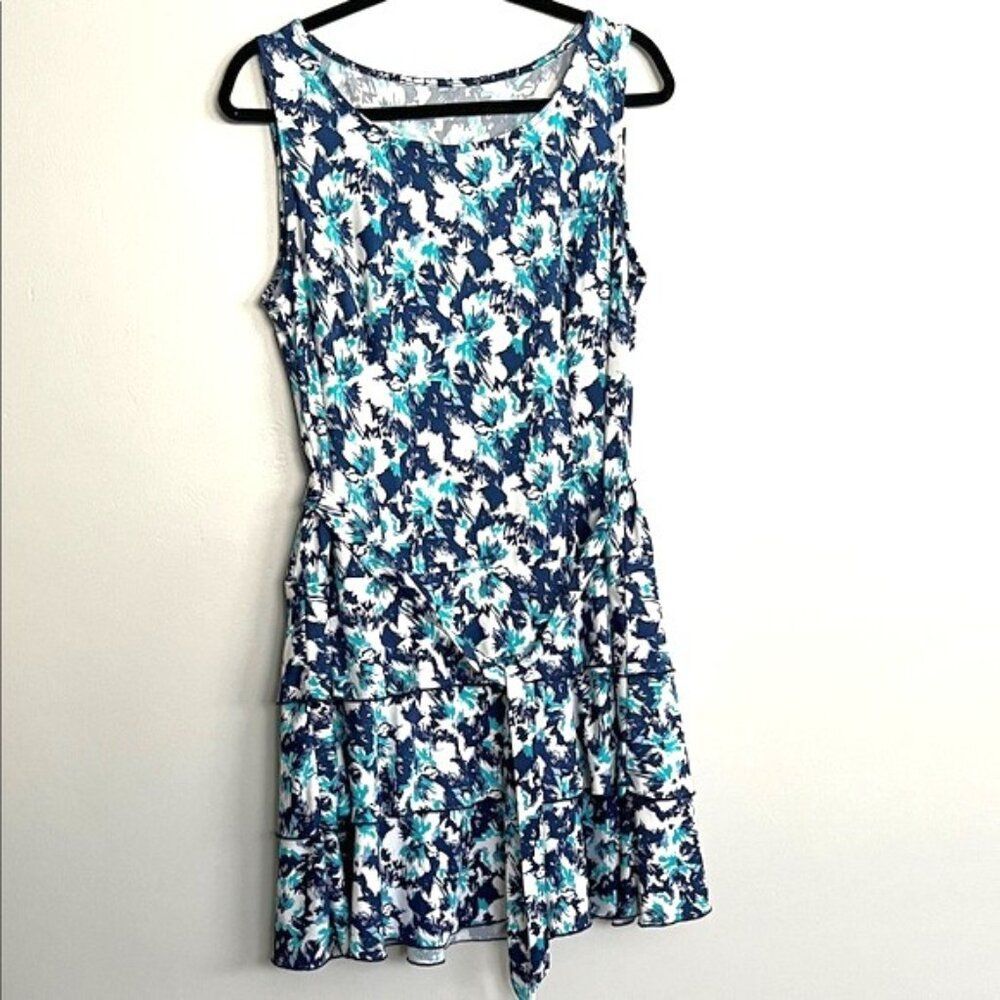 Floral Sleeveless Dress - Blues and White